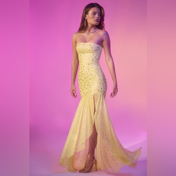 Oh Polly Semi-Sheer Embellished Asymmetric Maxi Dress in Yellow